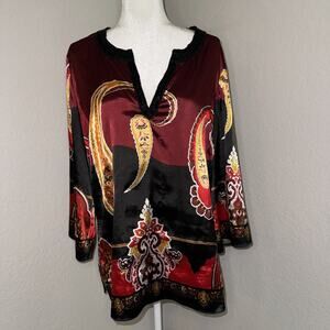 INC International Concepts Blouse Top Women's 14 Multi Paisley Print Split Neck